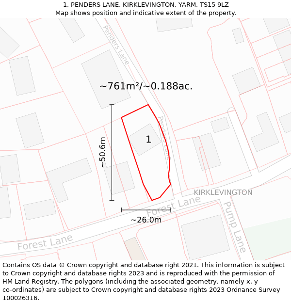 1, PENDERS LANE, KIRKLEVINGTON, YARM, TS15 9LZ: Plot and title map