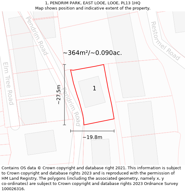 1, PENDRIM PARK, EAST LOOE, LOOE, PL13 1HQ: Plot and title map