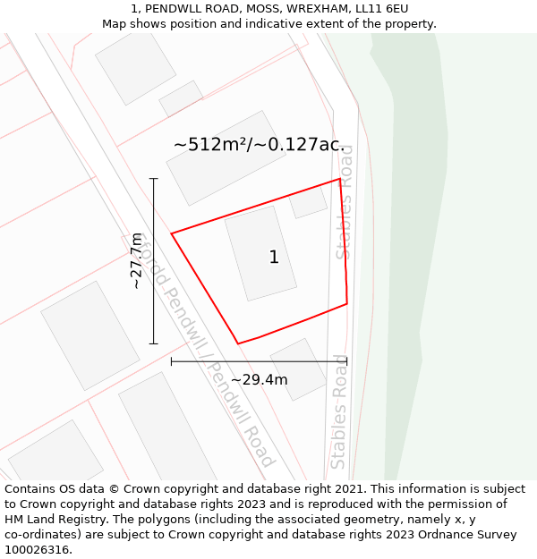 1, PENDWLL ROAD, MOSS, WREXHAM, LL11 6EU: Plot and title map