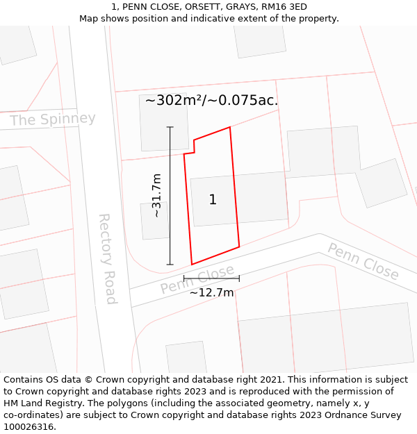 1, PENN CLOSE, ORSETT, GRAYS, RM16 3ED: Plot and title map