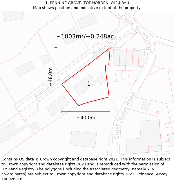 1, PENNINE GROVE, TODMORDEN, OL14 8AU: Plot and title map