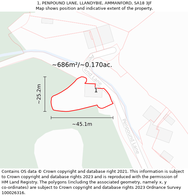 1, PENPOUND LANE, LLANDYBIE, AMMANFORD, SA18 3JF: Plot and title map