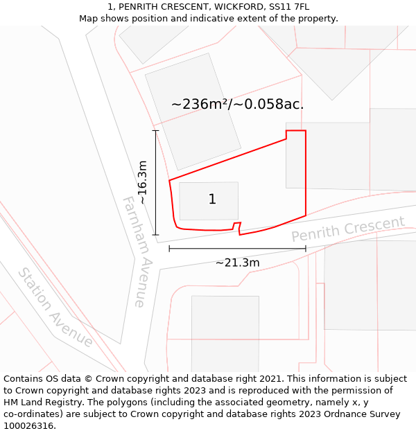 1, PENRITH CRESCENT, WICKFORD, SS11 7FL: Plot and title map