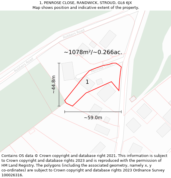 1, PENROSE CLOSE, RANDWICK, STROUD, GL6 6JX: Plot and title map