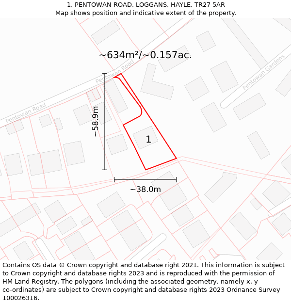 1, PENTOWAN ROAD, LOGGANS, HAYLE, TR27 5AR: Plot and title map