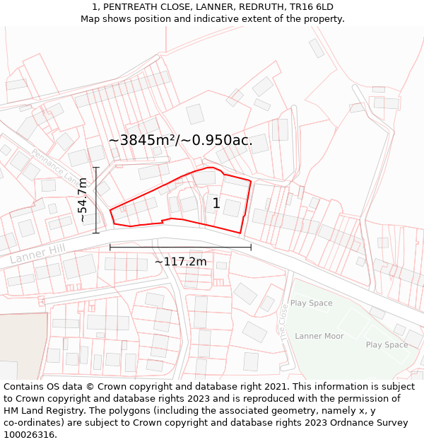 1, PENTREATH CLOSE, LANNER, REDRUTH, TR16 6LD: Plot and title map