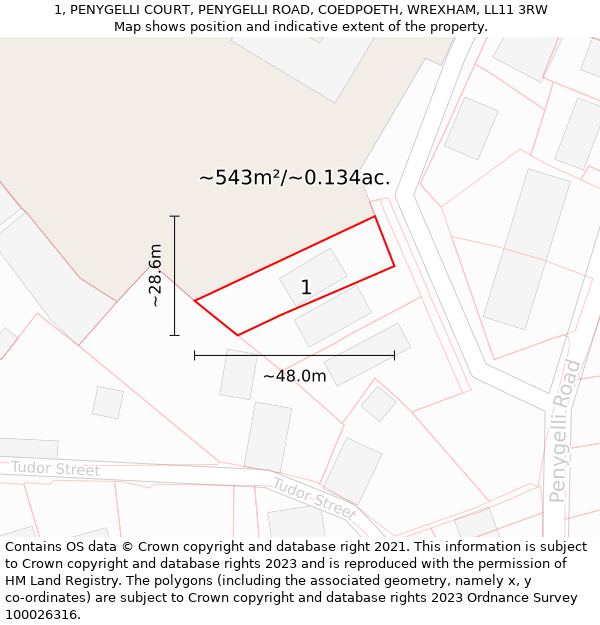 1, PENYGELLI COURT, PENYGELLI ROAD, COEDPOETH, WREXHAM, LL11 3RW: Plot and title map