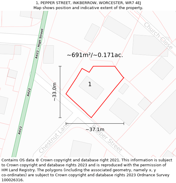 1, PEPPER STREET, INKBERROW, WORCESTER, WR7 4EJ: Plot and title map