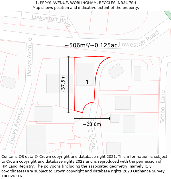 1, PEPYS AVENUE, WORLINGHAM, BECCLES, NR34 7SH: Plot and title map