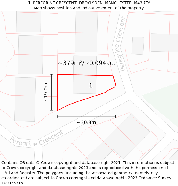 1, PEREGRINE CRESCENT, DROYLSDEN, MANCHESTER, M43 7TA: Plot and title map