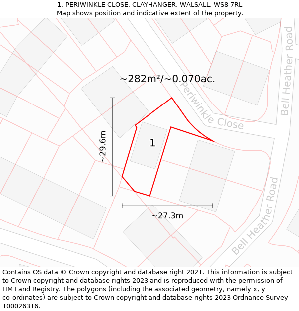 1, PERIWINKLE CLOSE, CLAYHANGER, WALSALL, WS8 7RL: Plot and title map