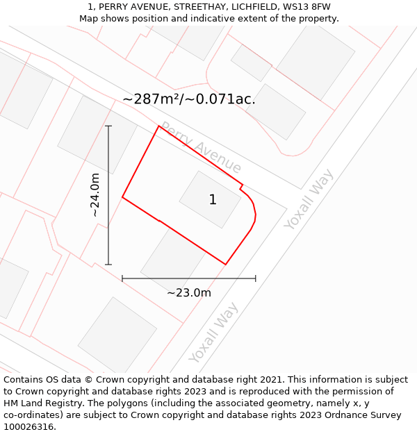 1, PERRY AVENUE, STREETHAY, LICHFIELD, WS13 8FW: Plot and title map