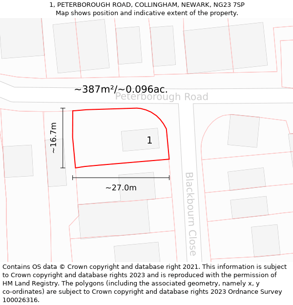 1, PETERBOROUGH ROAD, COLLINGHAM, NEWARK, NG23 7SP: Plot and title map