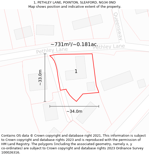 1, PETHLEY LANE, POINTON, SLEAFORD, NG34 0ND: Plot and title map