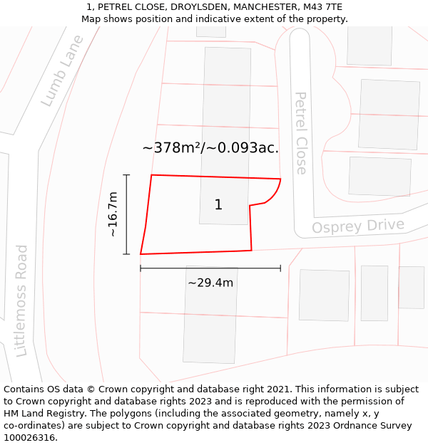 1, PETREL CLOSE, DROYLSDEN, MANCHESTER, M43 7TE: Plot and title map