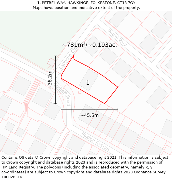 1, PETREL WAY, HAWKINGE, FOLKESTONE, CT18 7GY: Plot and title map