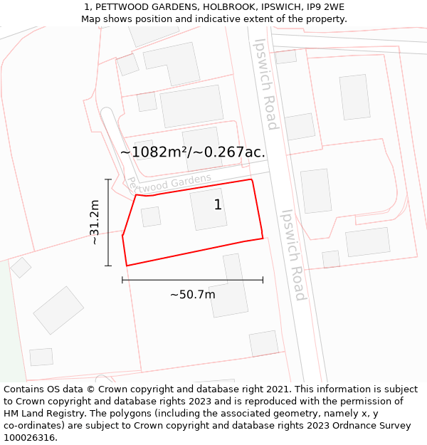 1, PETTWOOD GARDENS, HOLBROOK, IPSWICH, IP9 2WE: Plot and title map