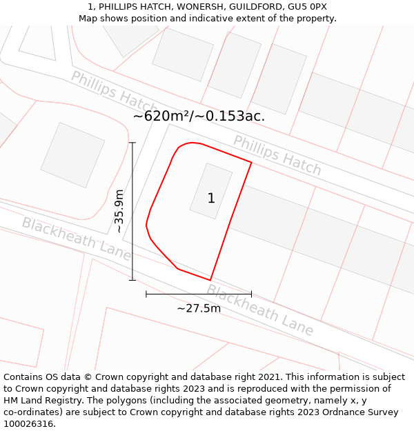 1, PHILLIPS HATCH, WONERSH, GUILDFORD, GU5 0PX: Plot and title map