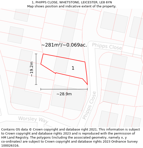 1, PHIPPS CLOSE, WHETSTONE, LEICESTER, LE8 6YN: Plot and title map