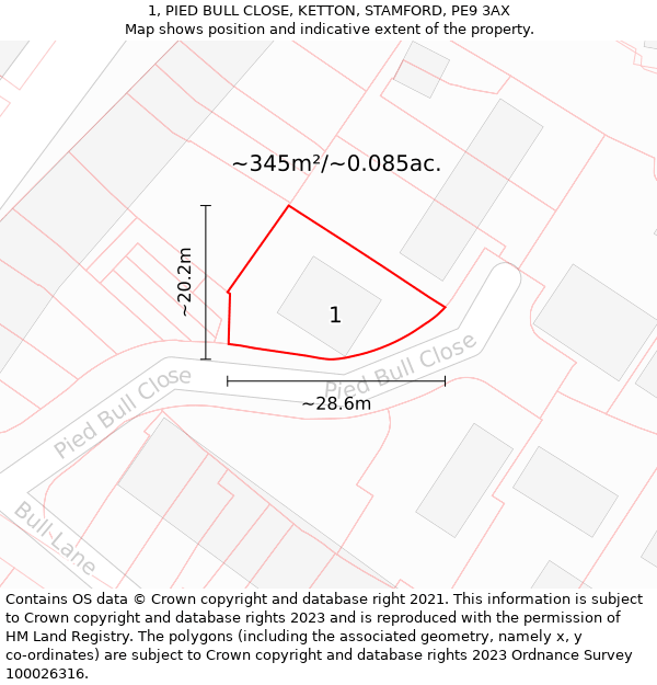 1, PIED BULL CLOSE, KETTON, STAMFORD, PE9 3AX: Plot and title map