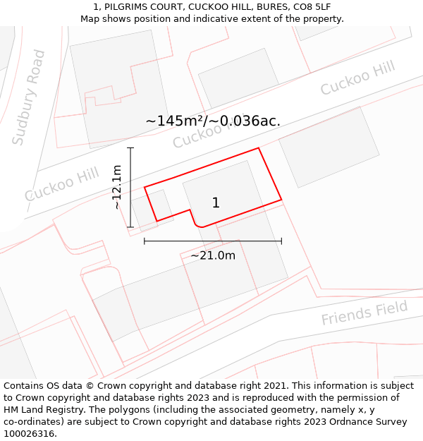 1, PILGRIMS COURT, CUCKOO HILL, BURES, CO8 5LF: Plot and title map