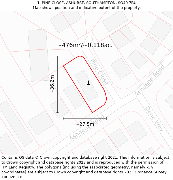 1, PINE CLOSE, ASHURST, SOUTHAMPTON, SO40 7BU: Plot and title map