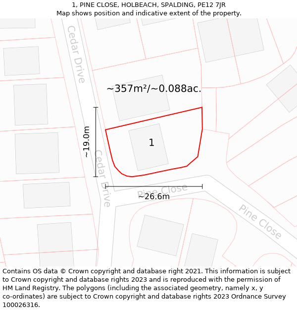 1, PINE CLOSE, HOLBEACH, SPALDING, PE12 7JR: Plot and title map