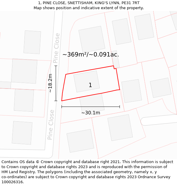 1, PINE CLOSE, SNETTISHAM, KING'S LYNN, PE31 7RT: Plot and title map