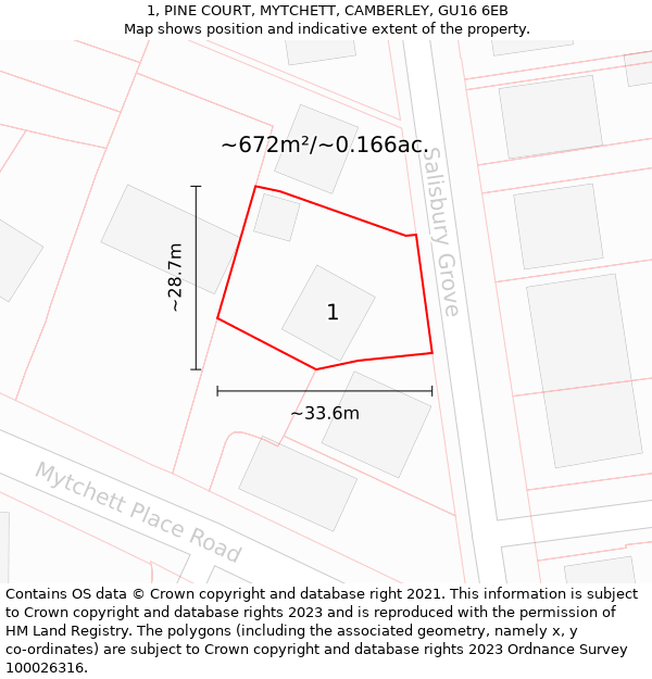 1, PINE COURT, MYTCHETT, CAMBERLEY, GU16 6EB: Plot and title map