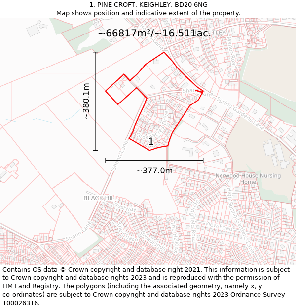 1, PINE CROFT, KEIGHLEY, BD20 6NG: Plot and title map