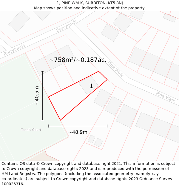 1, PINE WALK, SURBITON, KT5 8NJ: Plot and title map