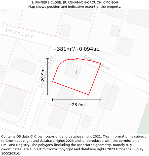 1, PINNERS CLOSE, BURNHAM-ON-CROUCH, CM0 8QH: Plot and title map