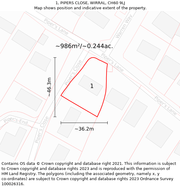 1, PIPERS CLOSE, WIRRAL, CH60 9LJ: Plot and title map