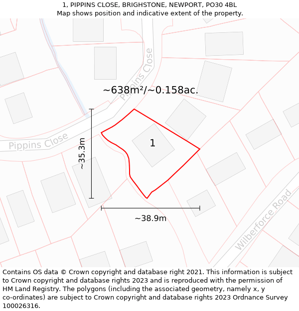 1, PIPPINS CLOSE, BRIGHSTONE, NEWPORT, PO30 4BL: Plot and title map