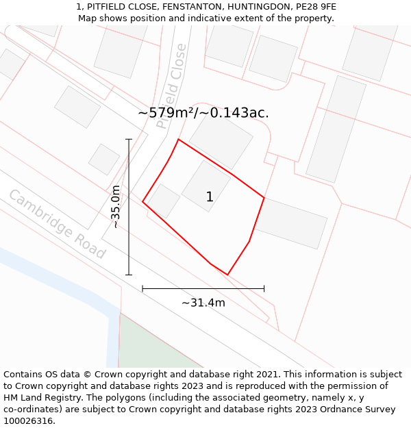 1, PITFIELD CLOSE, FENSTANTON, HUNTINGDON, PE28 9FE: Plot and title map