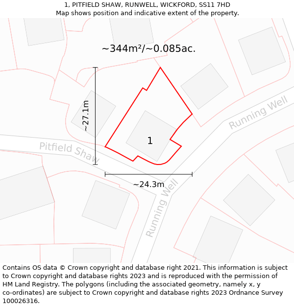 1, PITFIELD SHAW, RUNWELL, WICKFORD, SS11 7HD: Plot and title map