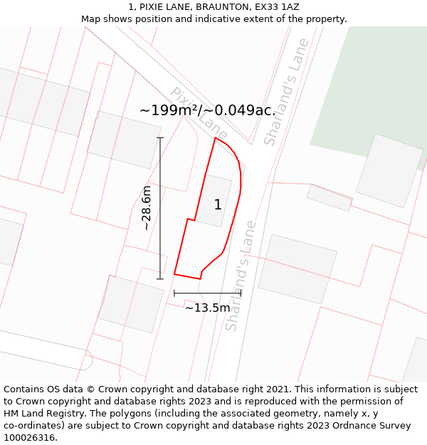 1, PIXIE LANE, BRAUNTON, EX33 1AZ: Plot and title map