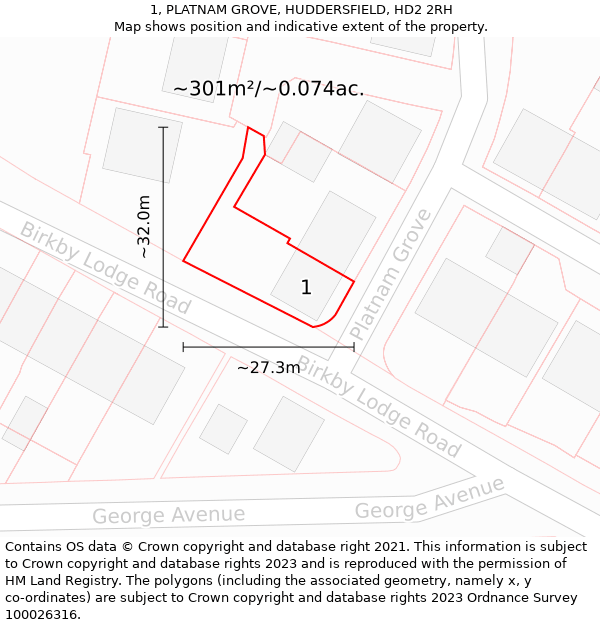 1, PLATNAM GROVE, HUDDERSFIELD, HD2 2RH: Plot and title map