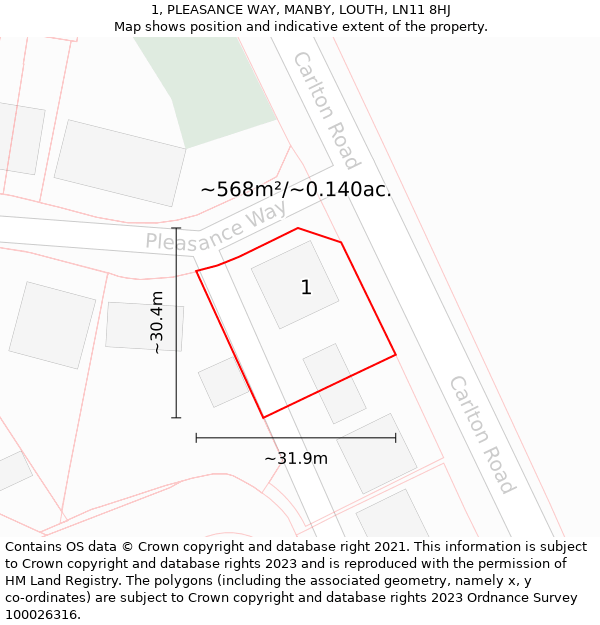 1, PLEASANCE WAY, MANBY, LOUTH, LN11 8HJ: Plot and title map