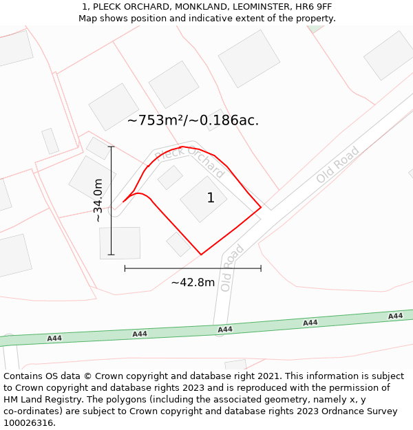 1, PLECK ORCHARD, MONKLAND, LEOMINSTER, HR6 9FF: Plot and title map