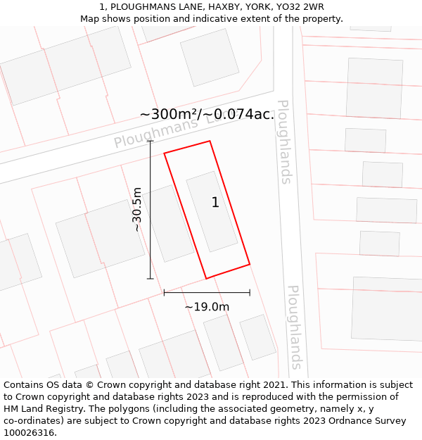 1, PLOUGHMANS LANE, HAXBY, YORK, YO32 2WR: Plot and title map