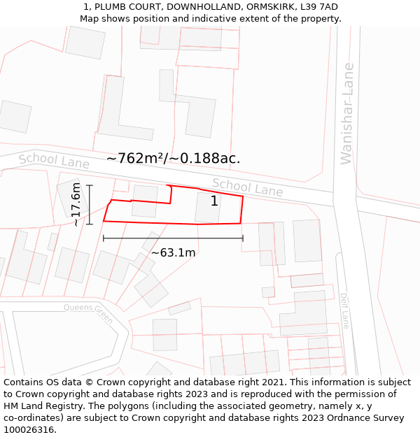 1, PLUMB COURT, DOWNHOLLAND, ORMSKIRK, L39 7AD: Plot and title map