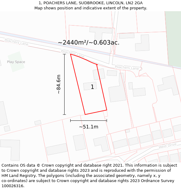 1, POACHERS LANE, SUDBROOKE, LINCOLN, LN2 2GA: Plot and title map