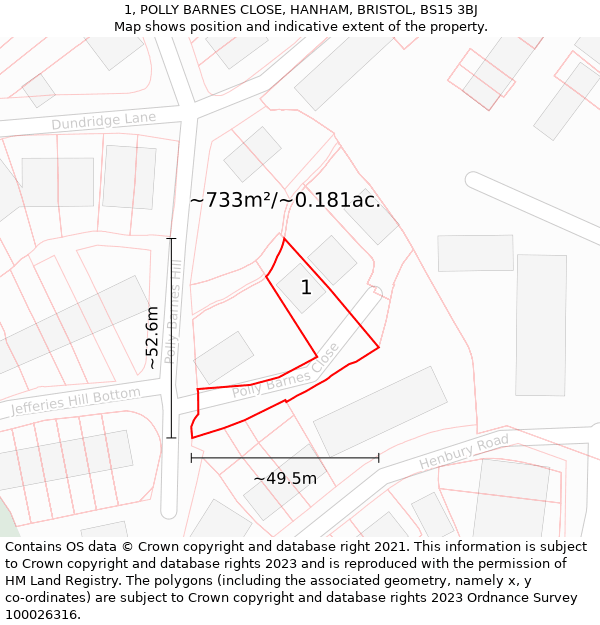 1, POLLY BARNES CLOSE, HANHAM, BRISTOL, BS15 3BJ: Plot and title map