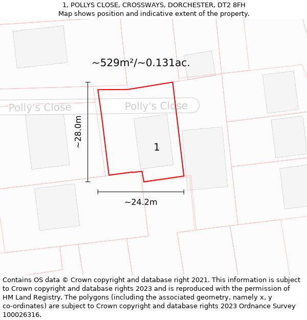 1, POLLYS CLOSE, CROSSWAYS, DORCHESTER, DT2 8FH: Plot and title map