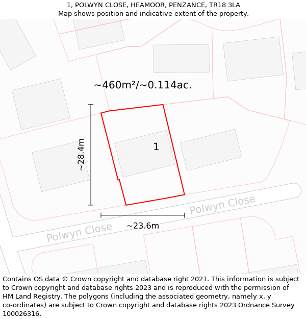 1, POLWYN CLOSE, HEAMOOR, PENZANCE, TR18 3LA: Plot and title map