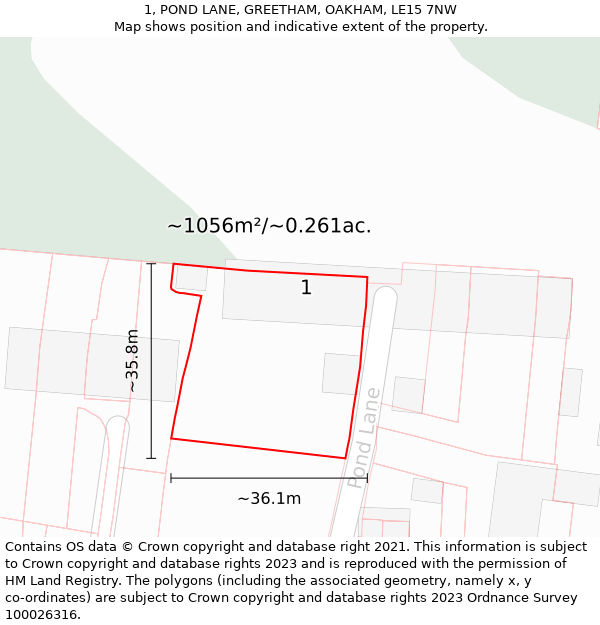 1, POND LANE, GREETHAM, OAKHAM, LE15 7NW: Plot and title map