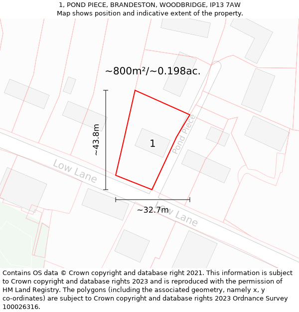 1, POND PIECE, BRANDESTON, WOODBRIDGE, IP13 7AW: Plot and title map