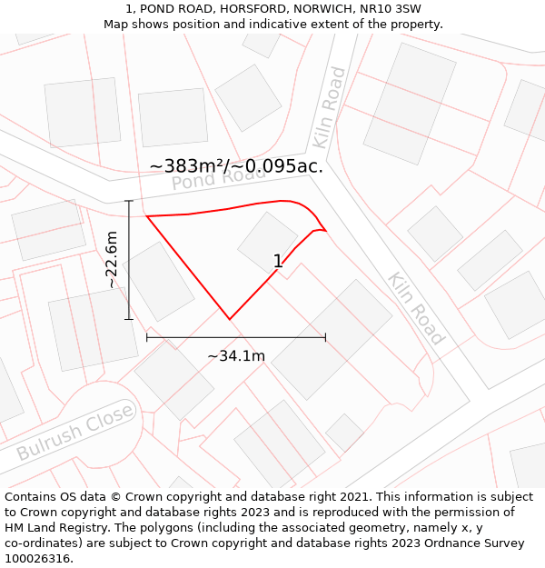 1, POND ROAD, HORSFORD, NORWICH, NR10 3SW: Plot and title map