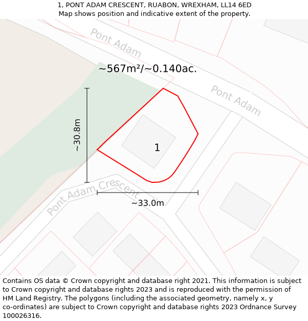 1, PONT ADAM CRESCENT, RUABON, WREXHAM, LL14 6ED: Plot and title map